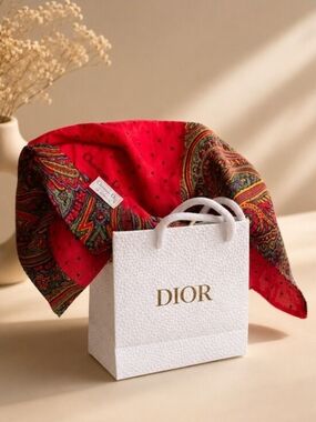 Authentic Dior Red Cotton Polka Dot Paisley Scarf With Giftbag NWOT